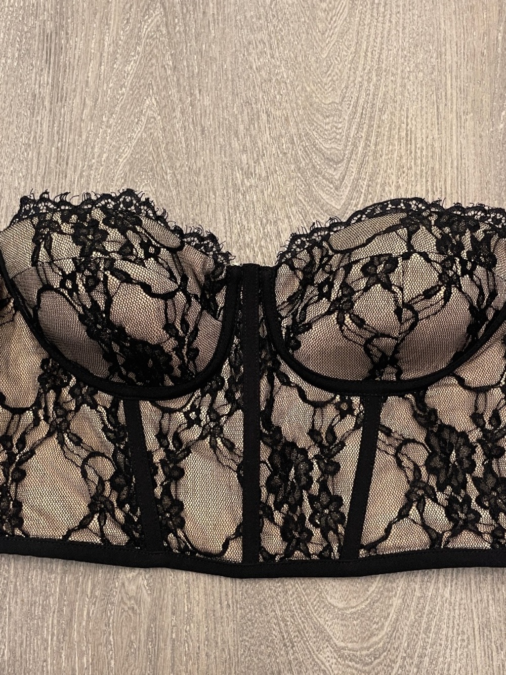 Miss Circle New York Lace Corset Crop Top Women's Size L Black Tan Floral